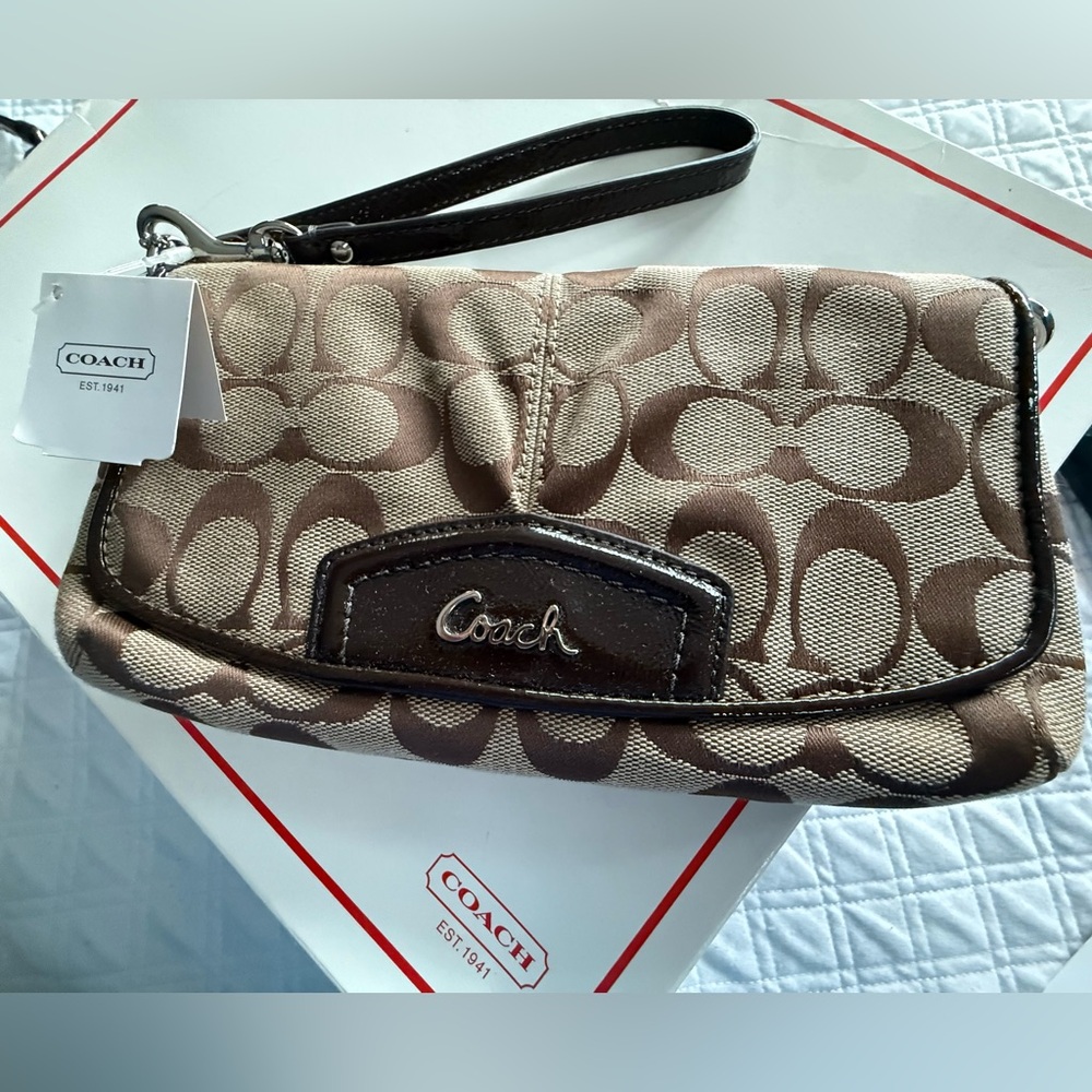 New with Tags! Coach Signature Wristlet in Brown/Tan and Brown Patent Leather!